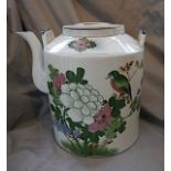 A large twentieth century large Chinese teapot & cover with woven cane handle, decorated with