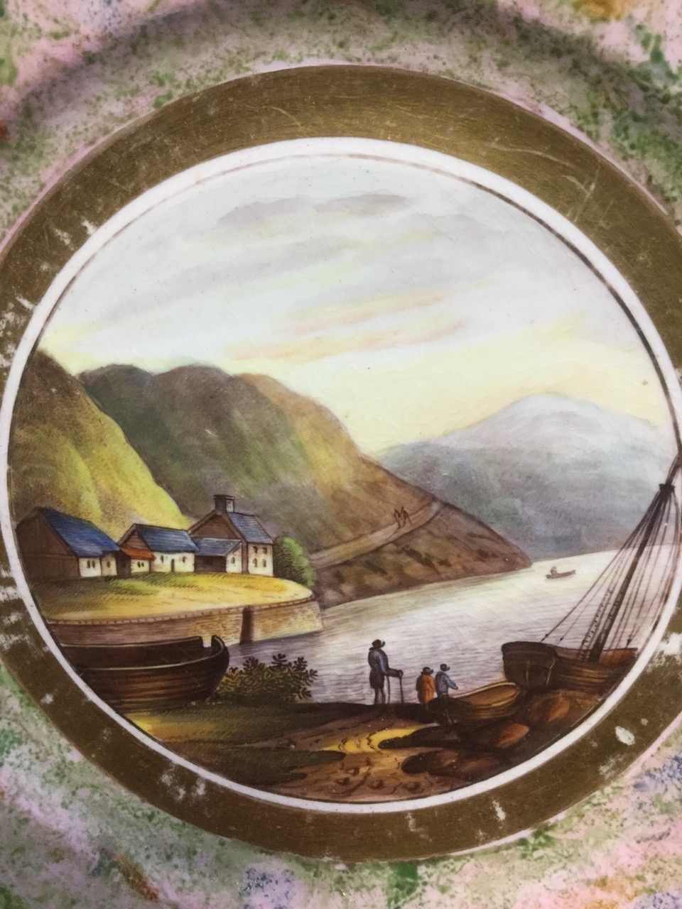 A nineteenth century Irish porcelain plate handpainted with scene of Barmouth harbour in - Image 2 of 3