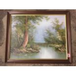 Oil on canvas, river landscape with trees, signed indistinctly, framed.