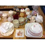 Miscellaneous ceramics including moneyboxes, German steins, teapots, figurines, soup bowls, tea &
