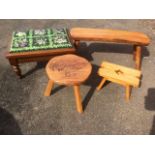 Four contemporary stools - circular elm carved with a cockerel, pine kracket, rectangular oak with