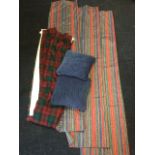 A pair of lined red & green tartan curtains - 48in; a set of three striped curtains in mottled blue,