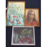 Doreen Crowther, oil on boards, two still life studies and bust portrait of a young lady, signed &