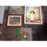 Four miscellaneous pictures - a framed amusing print of dogs titled The Dogs Academy, a study of a