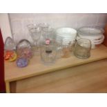 Miscellaneous items including sets of bowls, five glass paperweights, a set of four wine glasses,