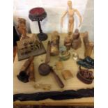Miscellaneous carved wood including a timbered house, figures, stands, whittled pieces, a cat with