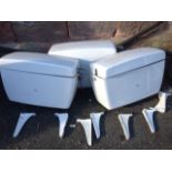 Three Royal Doulton high-level lavatory cisterns with downpipes, the tanks & covers complete with