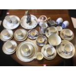 Miscellaneous part teasets including Grindley with purple pansies, willow pattern,