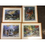 Four framed feltwork style tapestry pictures - three landscapes and a tiger. (4)