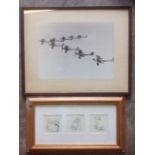 A framed photograph of nine RAF aeroplanes flying in formation circa 1950; and a framed Winnie the