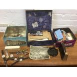 Miscellaneous collectors items including a tin of postcards, a schoolboy stamp collection