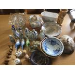 Miscellaneous ceramics including Wade whimsies, figurines, bowls, a set of three wall budgies, a