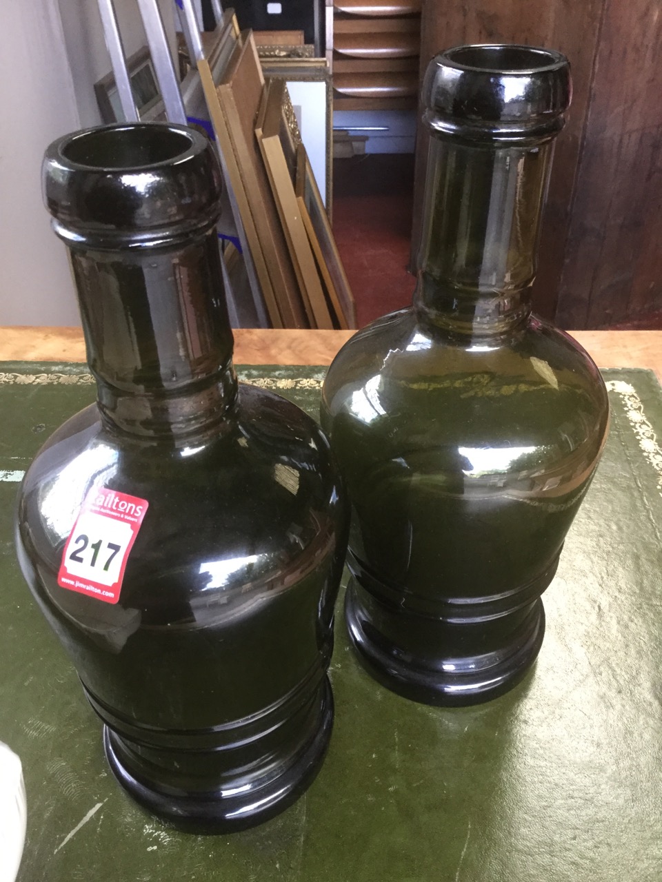 A pair of olive green glass bottles with thick tubular necks, moulded with ring bands; a Masons pink - Image 6 of 6