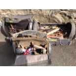 Three soft tool cases containing a quantity of tools - chisels, set square, spanners, level,