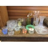 Miscellaneous glass including a signed vase engraved with a wren, bowls, vases, art glass, ashtrays,