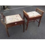 An Edwardian piano stool with upholstered lifting seat flanked by shaped handles raised on