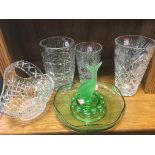 Three heavy tapering cut glass vases; a circular green glass bowl with frog and acid etched fish