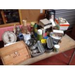 Miscellaneous kitchen items including boxed scales, grill, implements, mixers, thermos flasks, a