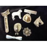 Seven silver brooches including a horse, a peacock, filigree, a spider web pendant, a dog,