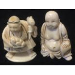 A carved ivory figure of a squatting cloaked pot-bellied young man; and an ivory netsuke depicting a