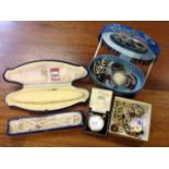 Miscellaneous jewellery including a cased set of Lotus pearls, a Waltham pocket watch, brooches, a