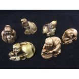 Six moulded netsuke, all modelled as seated squatting figures in various occupations. (6)