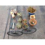 Miscellaneous garden pots including terracotta, glazed, cacti, lawn edgings, bird feeders, planters,