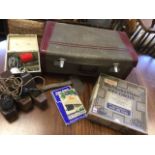 Miscellaneous collectors items including a suit case with leather mounts, a box of 78 records, three