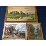 A large gilt framed landscape print after Leader titled Golden Hours; and two framed Constable