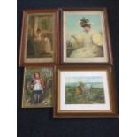Two oak framed sentimental Victorian coloured prints, the plates with silvered slips; a framed print