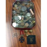 A tin of coins & medals including military buttons, pennies, a decimal set, British & foreign,