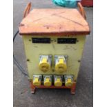 A Tripower CEE transformer box, having two 240V and four 110V outlet sockets, mounted with