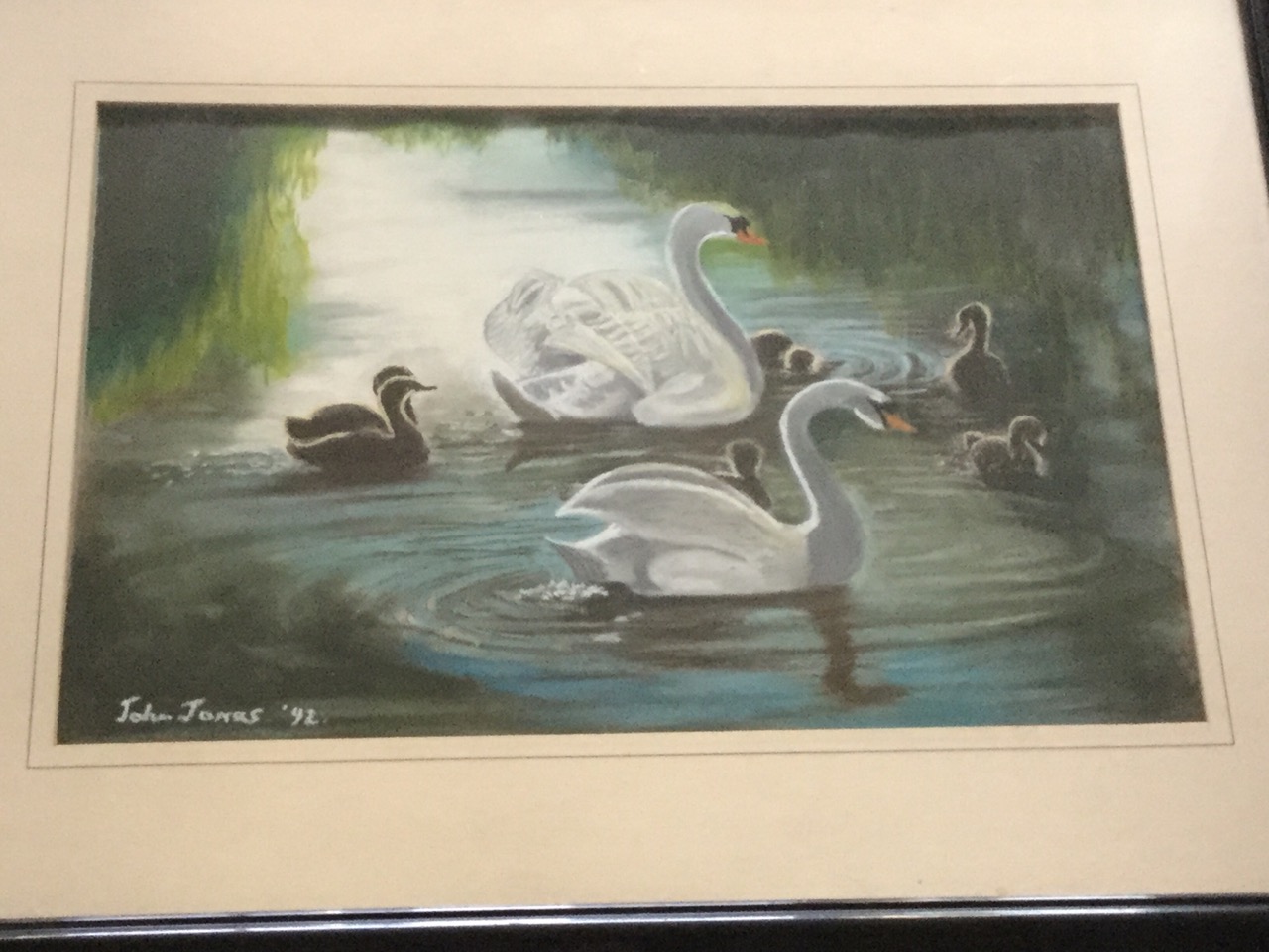 A John Jones print depicting swans on a lake, dated 92; and a JWGozzard print titled Moonrise over - Image 3 of 3