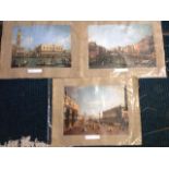 A set of three oileographic Venetian prints after Canaletto, laid down on hessian. (3)