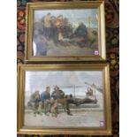 Ralph Hedley, colour print titled Paddys Market; and another titled Waiting for Work, both in gilt