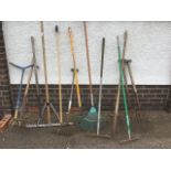 Various pronged garden, farm & stable implements - rakes, forks, a grape, a garden claw, a