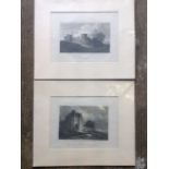 A pair of mounted nineteenth century steel engravings of Warkworth Castle after Clennell - unframed.