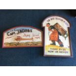 A vintage style wood sign for Captain Jacobs Flying School; and another similar for a fish & chip