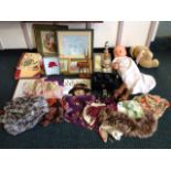 Miscellaneous collectors items including a large Roddy doll, scarves, framed prints, carved animals,