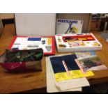 Meccano - two boxed sets and a quantity of loose pieces in a box; and various Meccano literature -