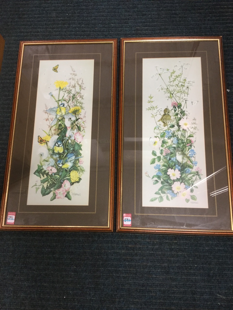 A pair of Mitchell prints of birds, butterflies & flowers, signed, mounted & framed. (2)