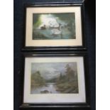 A John Jones print depicting swans on a lake, dated 92; and a JWGozzard print titled Moonrise over