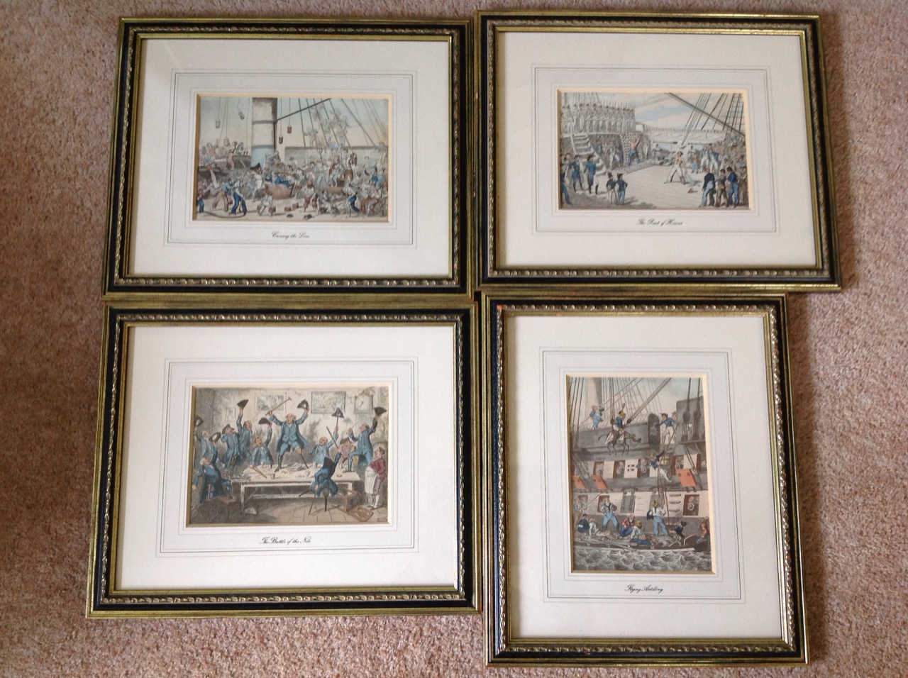 A set of four amusing handcoloured naval prints titled Crossing the Line, Flying Away, the Point