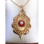 An 18ct yellow gold Victorian style coral & pearl mounted pendant, the central pearl framed by a