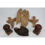 A group of wood carvings - to include antique Eastern carved horse form bracket,