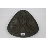 1960s bronze ovoid plaque cast in relief with three figures - unsigned,