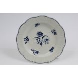 18th century Worcester blue and white plate with moulded basket-weave border and printed