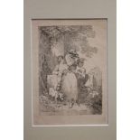 Thomas Rowlandson (1756 - 1827), black and white etching - romantic couple and a dog beneath a tree,