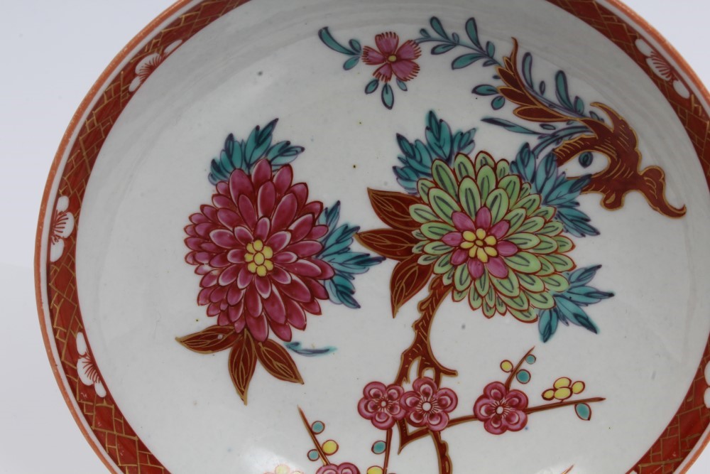 Very rare 18th century Worcester famille rose palette tea bowl and saucer painted in enamels with - Image 2 of 5