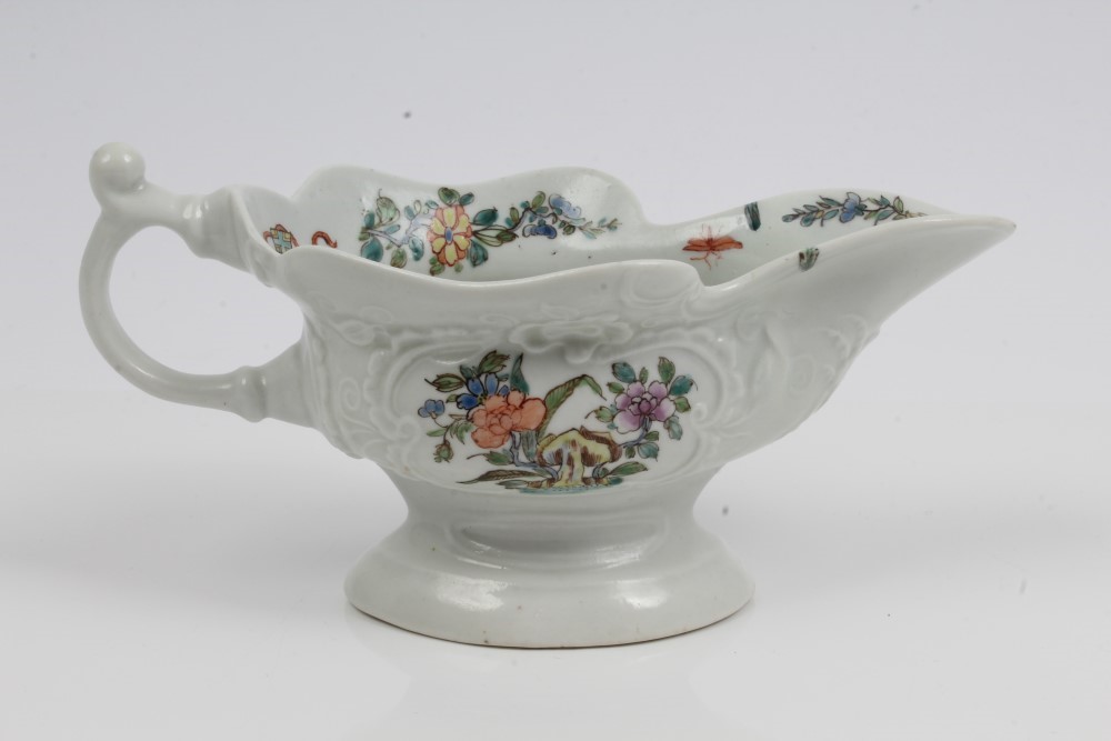 18th century Worcester porcelain pedestal sauce boat with moulded floral scrolls and cartouches and - Image 3 of 4